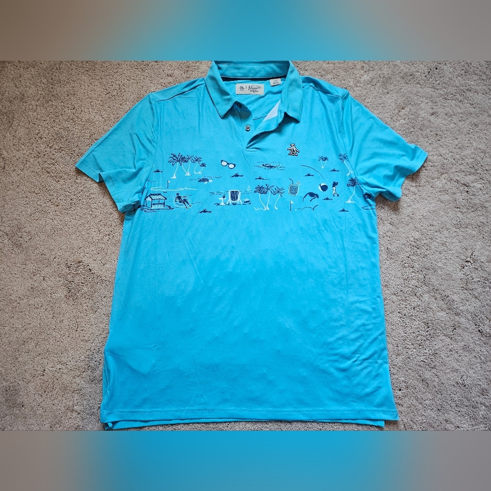 Original Penguin Mens Large Polo Shirt Golf Tropical Blue Nautical Tropical EUC